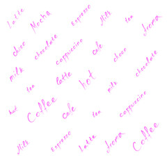 coffee and tea theme words handwrited on white, pattern