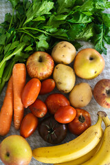 Bunch assortment of local, organic, eco and sustainable fruits and vegetables from the top view, with zero plastic