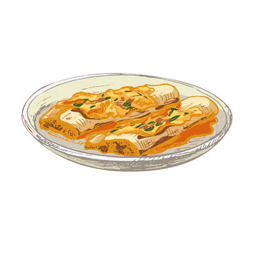 enchiladas on plate, orange sauce, food clip art preview