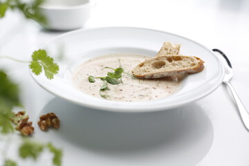 Nut soup. Creamy nut soup. Food, an appetizing dish on a plate. A proposal for an application. Culinary photography.
