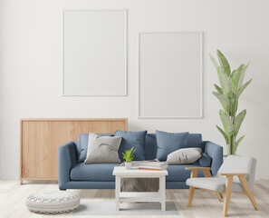 Living room on the white wall background, minimal style ,frame form mock up - 3D rendering -