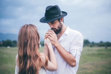 Beautiful young couple. Wedding photo session outdoors in the mountains. Happy couple. New family.