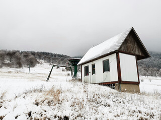 Krasno polje, Croatia, November 2020. Forgoten ski resort. Abandoned ski resort and mountain hut.