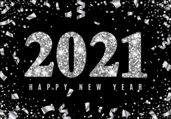 Happy New Year banner with glowing Silver 2021 Numbers on black Background with Flying geometric and foil paper confetti. Vector illustration. All isolated and layered