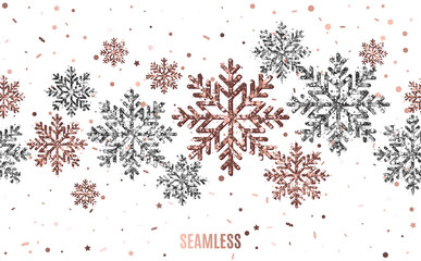 Seamless border on horizontal with rose gold and silver shimmer snowflakes on white background. Vector illustration. All isolated and layered