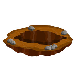 Big hole in ground. Brown dry soil and mine. Element of desert landscape. Cartoon illustration