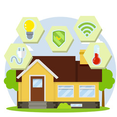 Smart house. Small home. Suburban one-storey building. Modern communication. Cartoon flat illustration. Electricity, protection, lighting, Internet, temperature icon. Online system management