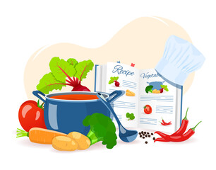 Recipe book, pan with soup, vegetables. Recipes, homemade food, food preparation, learning concept. Isolated vector illustration for flyer, poster, banner.
