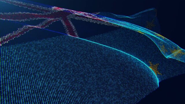 3d render. Tuvalu digital flag with binary code texture flies in the wind. Seamless loop.