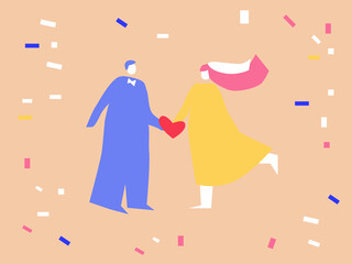 Bride and groom holding hands together vector illustration - happy couple on confetti background - plus size man in a blue suit and a woman in a veil getting married