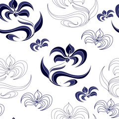 Seamless pattern with blue flowers on a white background. Hand drawn floral texture.