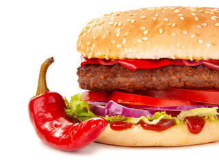 Tasty burger with pepper chilli isolated on the white
