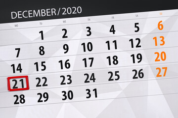Obraz premium Calendar planner for the month december 2020, deadline day, 21, monday