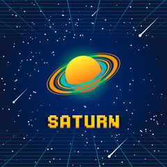 colorful simple vector flat art illustration of saturn planet in starry sky with falling comets and with pixel art text © George_Chairborn