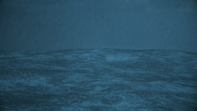 raging ocean in a strong storm with rain and lightning, 3d animation