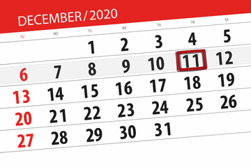 Calendar planner for the month december 2020, deadline day, 11, friday