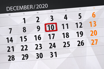 Obraz premium Calendar planner for the month december 2020, deadline day, 10, thursday