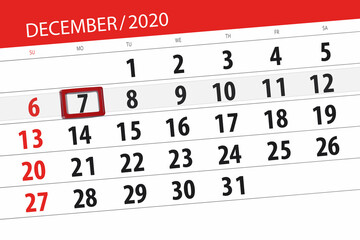 Calendar planner for the month december 2020, deadline day, 7, monday
