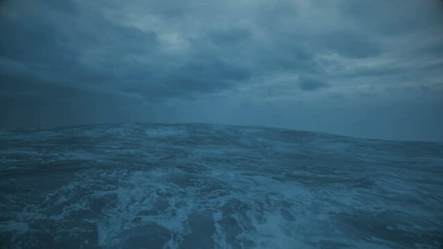 raging ocean in a strong storm with lightning, 3d animation