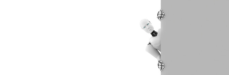 3D render humanoid robot show up from the wall . AI artificial intelligence illustration . © InfiniteFlow