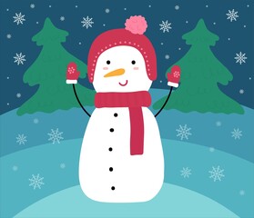 Cute Christmas Snowman with opened eyes and red scarf in winter forest. Christmas trees. Funny hand drawn Figure with orange carrot. Vector illustration.