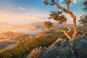 Aerial view of a Sulungur lake and Dalyan river delta in Turkey at colorful sunset. Popular resort...