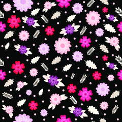 Vector pink flowers pattern in Russian style on a black background 