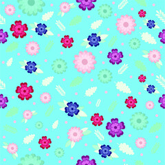 Fototapeta na wymiar Vector colorful flowers and leaves seamless pattern with turquoise backgrouns