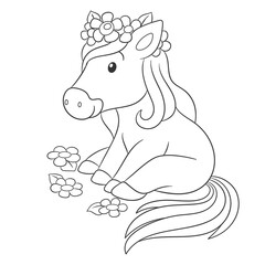 Coloring book page for kids with cute cartoon horse among flowers. Vector illustration.