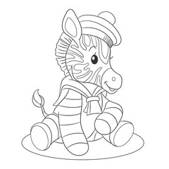 Coloring book page for kids with cute cartoon zebra. Vector illustration.