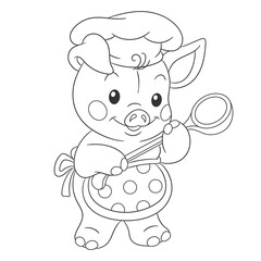 Coloring book page for kids with cute cartoon pig. Vector illustration.