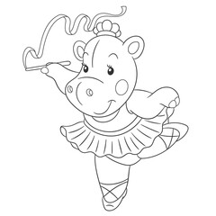 Coloring book page for kids with cute cartoon hippo ballerina. Vector illustration.