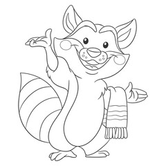 Coloring book page for kids with cute cartoon raccoon. Vector illustration.