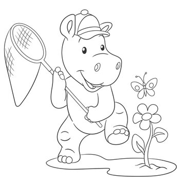 Coloring book page for kids with cute cartoon hippo and butterfly. Vector illustration.