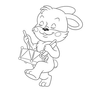 Coloring book page for kids with cute cartoon bunny playing music. Vector illustration.