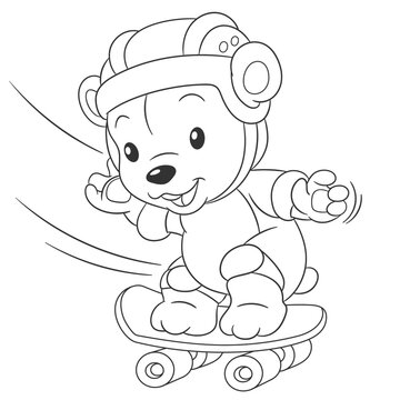Coloring book page for kids with cute cartoon bear on skateboard. Vector illustration.