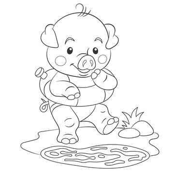 Coloring book page for kids with cute cartoon pig swimming. Vector illustration.