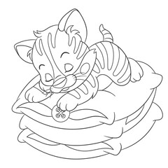 Coloring book page for kids with cute cartoon cat sleeping on pillow. Vector illustration.