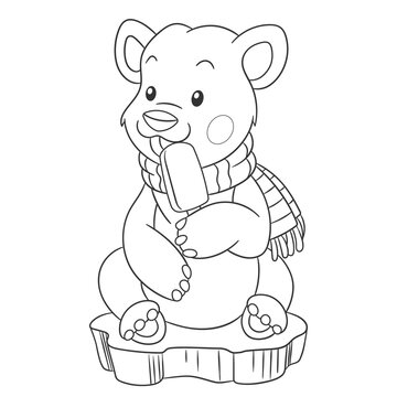 Coloring book page for kids with cute cartoon white polar bear. Vector illustration.