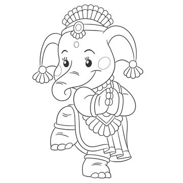 Coloring book page for kids with cute cartoon elephant dancing. Vector illustration.
