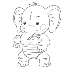 Coloring book page for kids with cute cartoon strong elephant. Vector illustration.