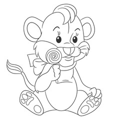 Coloring book page for kids with cute cartoon lion cub and sweet lollipop. Vector illustration.