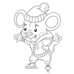 Coloring book page for kids with cute cartoon mouse ice skating. Vector illustration.