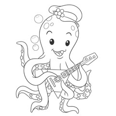 Coloring book page for kids with cute cartoon octopus. Vector illustration.