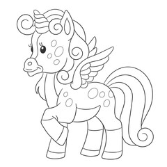 Coloring book page for kids with cute cartoon unicorn with wings. Vector illustration.