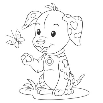 Coloring book page for kids with cute cartoon dalmatian dog and butterfly. Vector illustration.