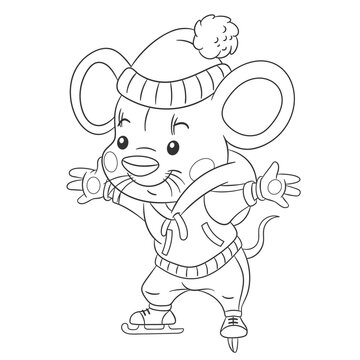 Coloring book page for kids with cute cartoon mouse ice skating. Vector illustration.