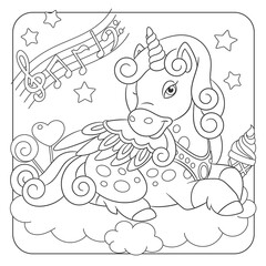 Coloring book page for kids with cute cartoon unicorn. Vector illustration.
