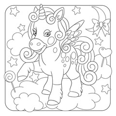 Coloring book page for kids with cute cartoon unicorn. Vector illustration.