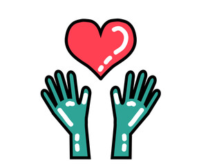 Human hands in medical gloves and a heart on a white background. Vector illustration.